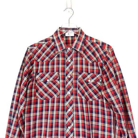 VTG Saturdays In California Men Western Plaid Pearl Snap Shirt Medium Hipster - Picture 2 of 5